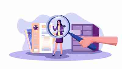 An illustration of a career-oriented woman with her CV in an office environment. Concept illustration: How to find a job you love