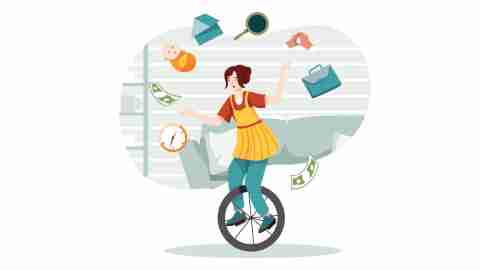 Illustration of a neurodivergent woman with ADHD on a unicycle juggling gender roles, masking, time management, and parenthood.