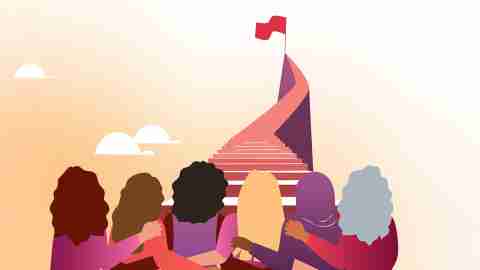 illustration of women facing a tall, with a red flag on the top, sympolizing how the diagnostic criteria for ADHD does not represent women