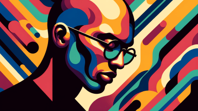 Abstract illustration featuring a Black man with glasses looking down in side profile. The background is filled with a rich, vibrant color palette.